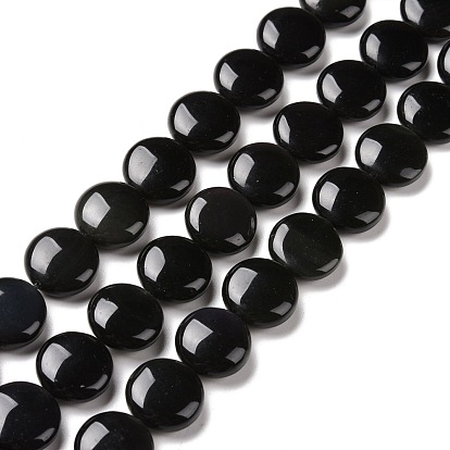 Natural Obsidian Beads Strands, Flat Round