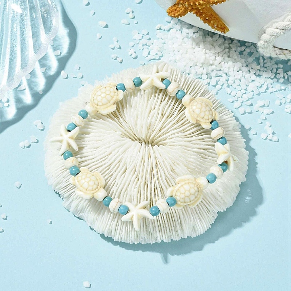 Женские эластичные браслеты из синтетических бирюзовых бусин, черепаха и морская звезда