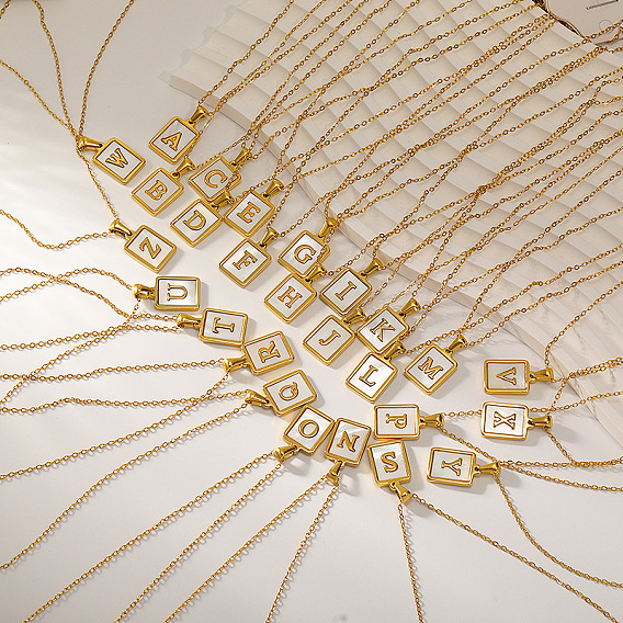 Прямоугольник 304 ожерелья с инициалами из нержавеющей стали с натуральным белым ракушечником для женщин, реальный 18 k позолоченный