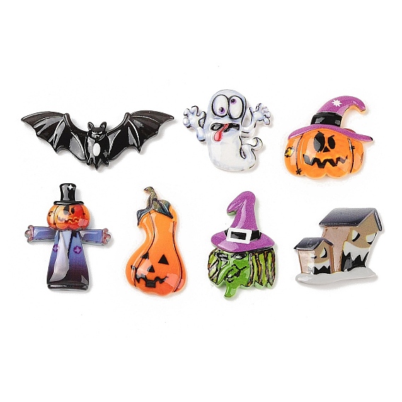 Кабошоны из непрозрачной смолы для декодирования Хэллоуина, призрак/тыква/ведьма/летучая мышь/дом