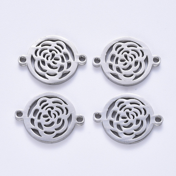 201 Stainless Steel Links Connectors, Laser Cut, Flat Round with Rose Flower
