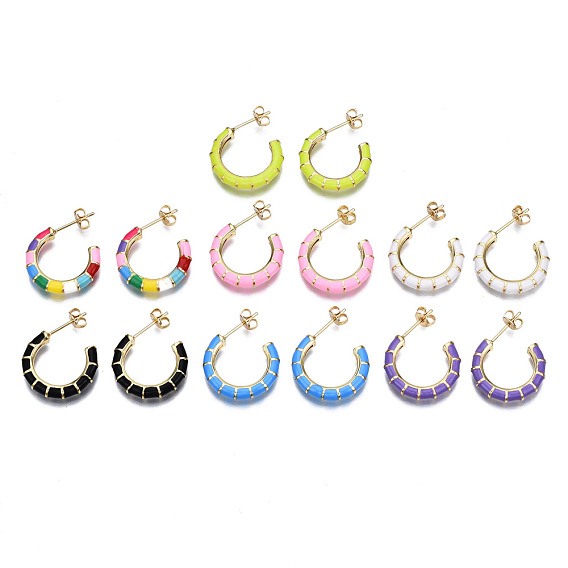 Brass Enamel Half Hoop Earrings, with Ear Nuts, Nickel Free, Letter C Shape, Real 16K Gold Plated