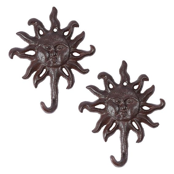 Gancho de pared rústico de hierro fundido con forma de cara de sol., gancho decorativo para abrigos, teclas, toallas