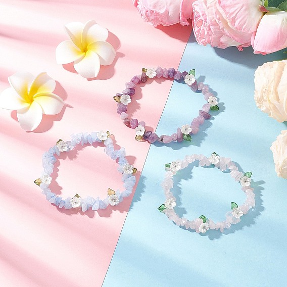 3Шт. браслетов из натурального розового кварца, окрашенного аквамарина и лепидолита с бусинами для женщин, с бусинами в виде цветочков из АБС-пластика, имитирующими жемчуг