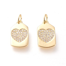 Colgantes de latón, con circonita cúbica transparente y anillos de salto, larga duración plateado, rectángulo con el corazón
