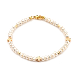 Natural Cultured Freshwater Pearl Beaded Bracelets, with Brass Beads and 304 Stainless Steel Lobster Claw Clasps, Clover