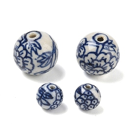 Handmade Porcelain Beads, Blue and White Porcelain, Round with Flower