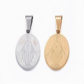 Ion Plating(IP) 304 Stainless Steel Pendants, Flat Oval, with Virgin Mary