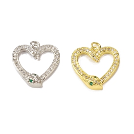 Brass Micro Pave Cubic Zirconia Pendants, with Jump Ring, Heart with Snake Charm