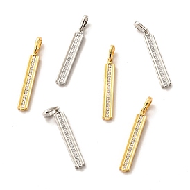 Brass Micro Pave Clear Cubic Zirconia Pendants, Long-Lasting Plated, Rectangle