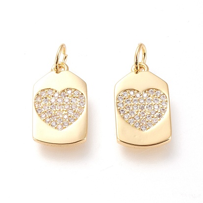 Colgantes de latón, con circonita cúbica transparente y anillos de salto, larga duración plateado, rectángulo con el corazón