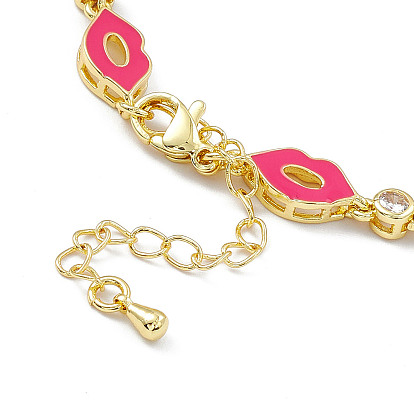 Brass Micro Pave Cubic Zirconia Chain Bracelets, Enamel Style Lip Link Chain Bracelet for Women, with Chain Extender & Lobster Claw Clasp