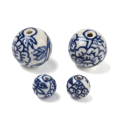 Handmade Porcelain Beads, Blue and White Porcelain, Round with Flower