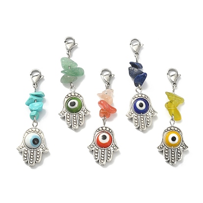 Hamsa Hand with Evil Eye Lampwork & Alloy Pendant Decoration, with Gemstone Chips and 304 Stainless Steel Lobster Claw Clasps