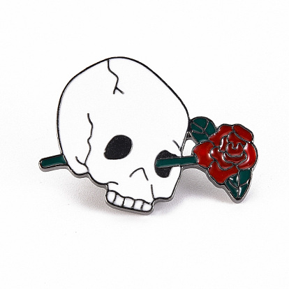 Alloy Enamel Brooches, Enamel Pins, with Brass Butterfly Clutches, Skull with Rose, Cadmium Free & Nickel Free & Lead Free, Gunmetal