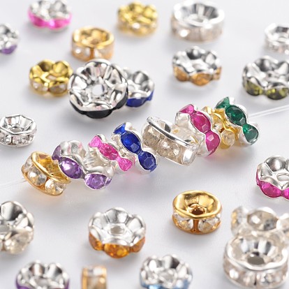 Brass Rhinestone Spacer Beads, Grade B, Rondelle, Mixed Style,5~8x2.5~3.5mm, Hole: 1mm