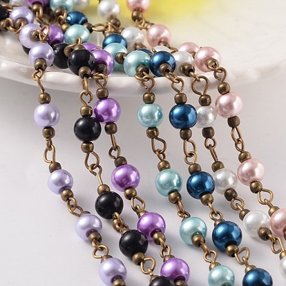 Round Handmade Glass Pearl Beaded Chains, Unwelded, with Brass Findings, Antique Bronze, 6mm, about 60pcs/strand, 39.3 inch