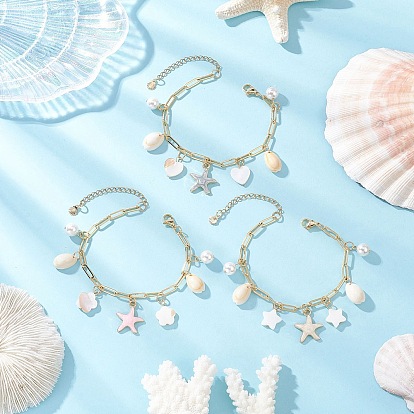 3 шт. 3 браслеты с подвесками из натуральных пресноводных ракушек и сплава с эмалью, браслеты-цепочки из латуни для скрепок для женщин, морская звезда и цветок и звезда и сердце