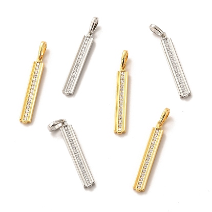 Brass Micro Pave Clear Cubic Zirconia Pendants, Long-Lasting Plated, Rectangle