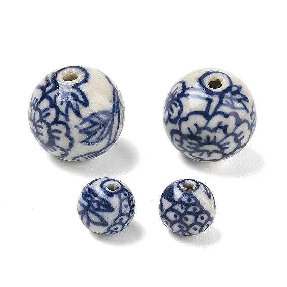 Handmade Porcelain Beads, Blue and White Porcelain, Round with Flower