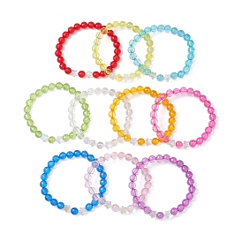 10Pcs 10 Colors Transparent Acrylic & Glass Beaded Stretch Bracelet Sets, Faceted Round & Star Stackable Bracelets for Women