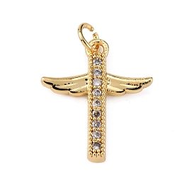 Brass Micro Pave Clear Cubic Zirconia Pendants, with Jump Ring, Cross with Wing