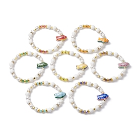 7Pcs 7 Colors Round Synthetic Lava Rock & Shell Pearl Beaded Stretch Bracelet Sets, Handmade Printed Porcelain Fish Stackable Bracelets for Women Men