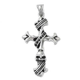 304 Stainless Steel Pendants, with 201 Stainless Steel Pendant Bails and Rhinestone, Cross with Skull