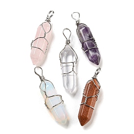 Gemstone Double Terminal Pointed Pendants, Faceted Bullet Charms with Platinum Plated Iron Wire Wrapped