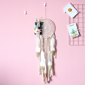 Iron Bohemian Woven Web/Net with Feather Macrame Wall Hanging Decorations, with Flower for Home Bedroom Decorations