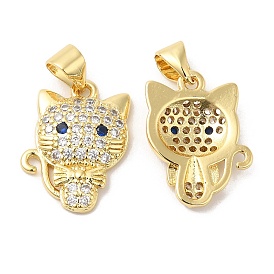 Brass Micro Pave Clear & Blue Cubic Zirconia Pendants, Cat Shape Charms