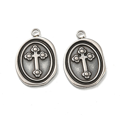 304 Stainless Steel Pendants, Oval with Cross Charms