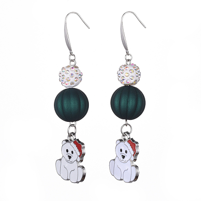 Christmas Theme, Alloy Enamel Dangle Earrings, with 304 Stainless Steel Earring Hooks, Rubberized Style Acrylic & Polymer Clay Pave Rhinestone Beads, Bear