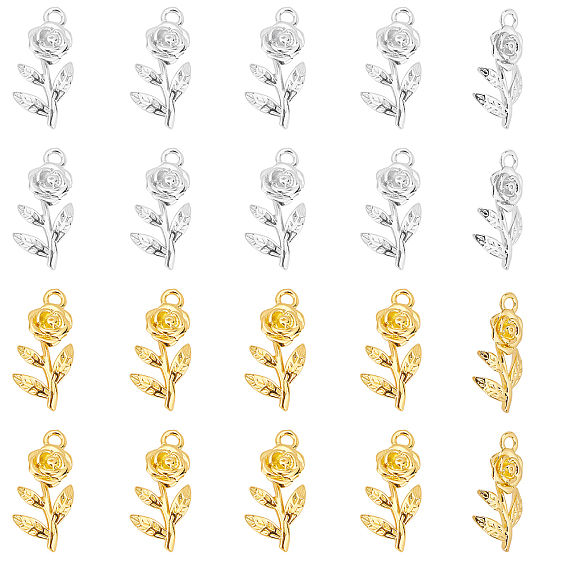 20Pcs 2 Colors Brass Pendants, Rose, Valentine's Day Theme