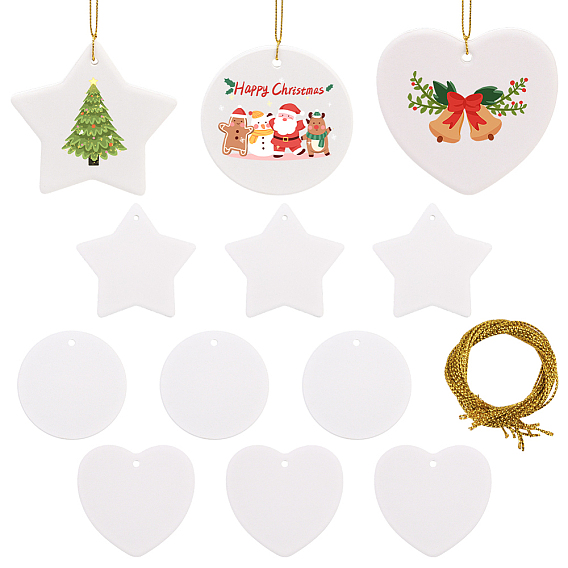 12шт. 3 стили, пустые фарфоровые листы, подвесные украшения, с джутовыми шнурами, для рождественского украшения
