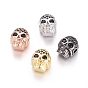 Brass Micro Pave Cubic Zirconia Beads, Long-Lasting Plated, for Halloween, Skull Head
