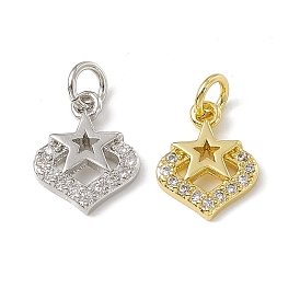 Brass Micro Pave Clear Cubic Zirconia Charms, with Open Jump Rings, Heart Charms with Star