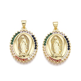 Brass Micro Pave Cubic Zirconia Pendants, with Brass Snap on Bails, Nickel Free, Oval with Goddess/Virgin, Real 16K Gold Plated