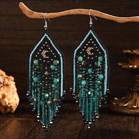 Серьги-подвески из стеклянных бусин в стиле бохо, платина