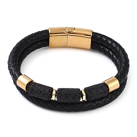 Natural Lava Rock Bead Leather Cord Multi-strand Bracelets, with Ion Plating(IP) 304 Stainless Steel Magnetic Clasps, for Men Women