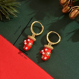 Серьги-кольца из латуни с эмалью «снежинка с рождественскими перчатками», с кубического циркония, золотые