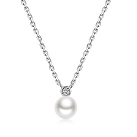 Sterling Silver Imitation Pearl Round Pendant Necklaces, with Clear Cubic Zirconia