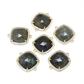 Natural Gemstone Links Connectors, with Brass Findings and Cubic Zirconia, Faceted, Square, Golden
