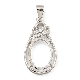 925 Sterling Silver Micro Pave Clear Cubic Zirconia Open Back Bezel Pendant Cabochon Settings, Oval