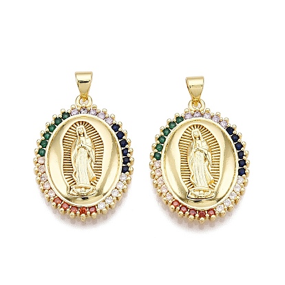 Brass Micro Pave Cubic Zirconia Pendants, with Brass Snap on Bails, Nickel Free, Oval with Goddess/Virgin, Real 16K Gold Plated