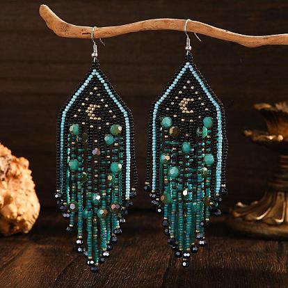 Серьги-подвески из стеклянных бусин в стиле бохо, платина