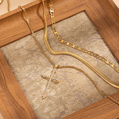 Модные 201 ожерелья с подвеской-крестом из нержавеющей стали и латуни с прозрачным кубическим цирконием для женщин