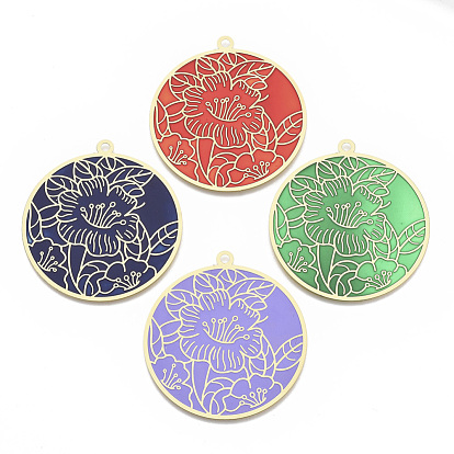 Gros émaillis en laiton, embellissements en métal gravé, couleur or mat, plat et circulaire avec fleur
