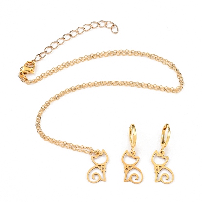 Lovely Cat Pendant Necklaces & Huggie Hoop Earring Sets, with 201 Stainless Steel Pendants, Brass Cable Chains & Lobster Claw Clasps