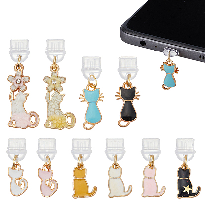10шт пластиковые мобильные пылезащитные заглушки, кошка, с подвесками из эмали и сплава 